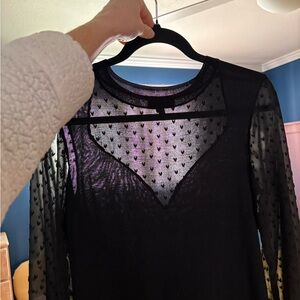 Topshop Black Knit Top, sheer paneled top, sweetheart neckline, heart polka dots